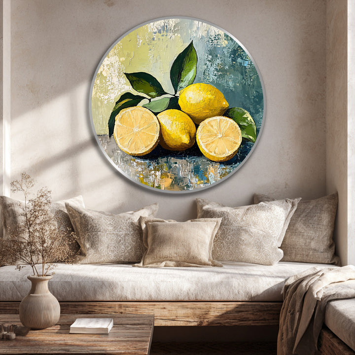 Smooth transition between the bright yellow lemons and the cool, muted blues and greens in this round oil painting art piece creates a striking visual contrast.