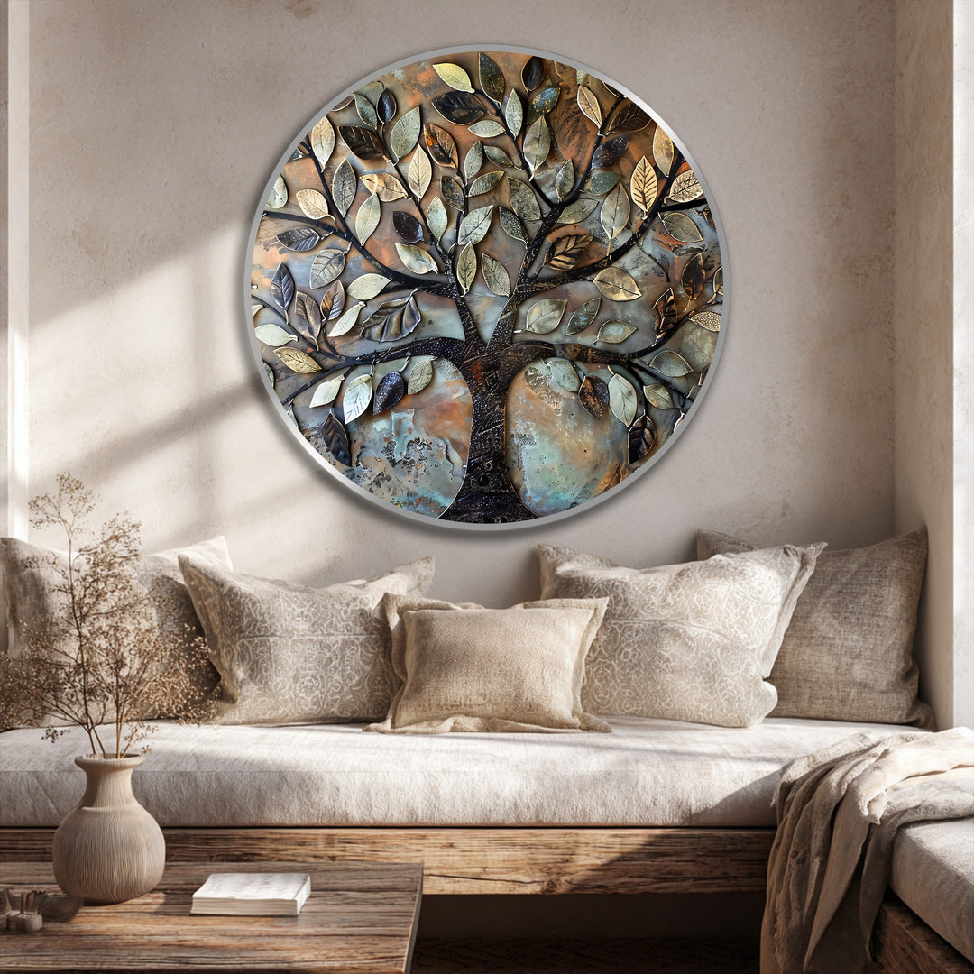 Vibrant color contrast defines this modern oil painting art, showcasing a rustic harmony of textured metal leaves forming a striking tree design.