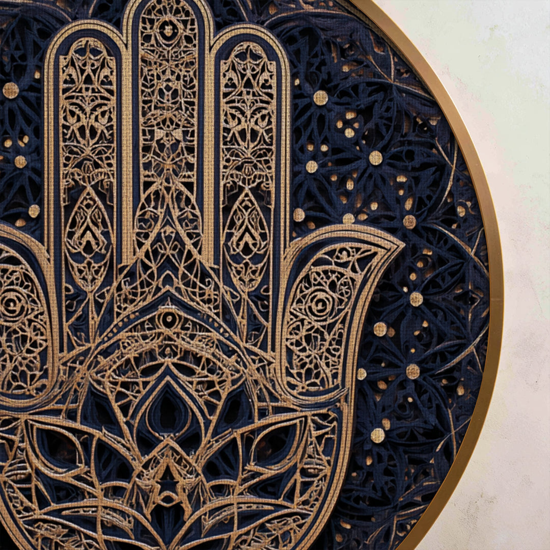 Ornate Hamsa Hand with Golden Mandala Details Round Canvas Print – Spiritual Wall Art