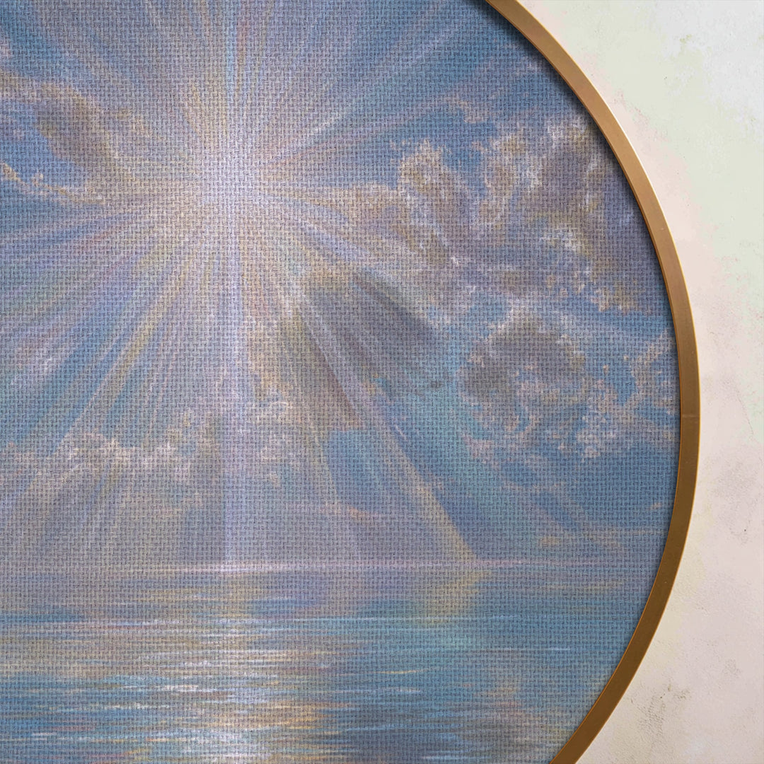 Celestial Sun Rays Over Calm Sea Round Canvas Print – Luminous Ocean Wall Art