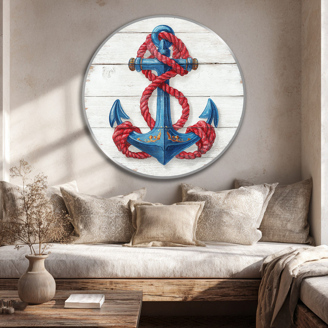 Calm mood is evoked by this round nautical oil painting art prints depicting a blue anchor wrapped in a red rope against a whitewashed wood backdrop.