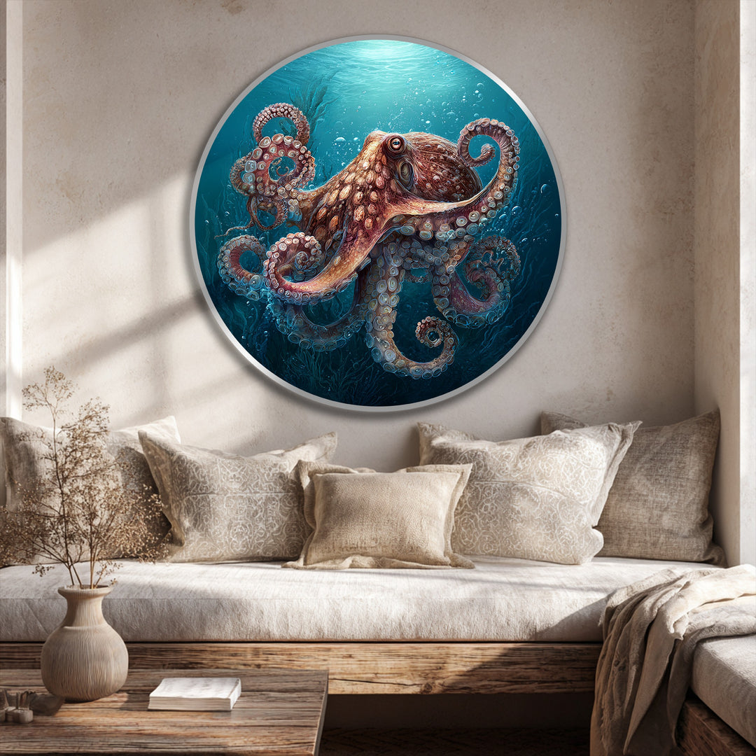 Glistening, textured finish highlights the detailed Deep Ocean Guardian Octopus round oil painting home decor, bringing an aquatic ambience to any room.