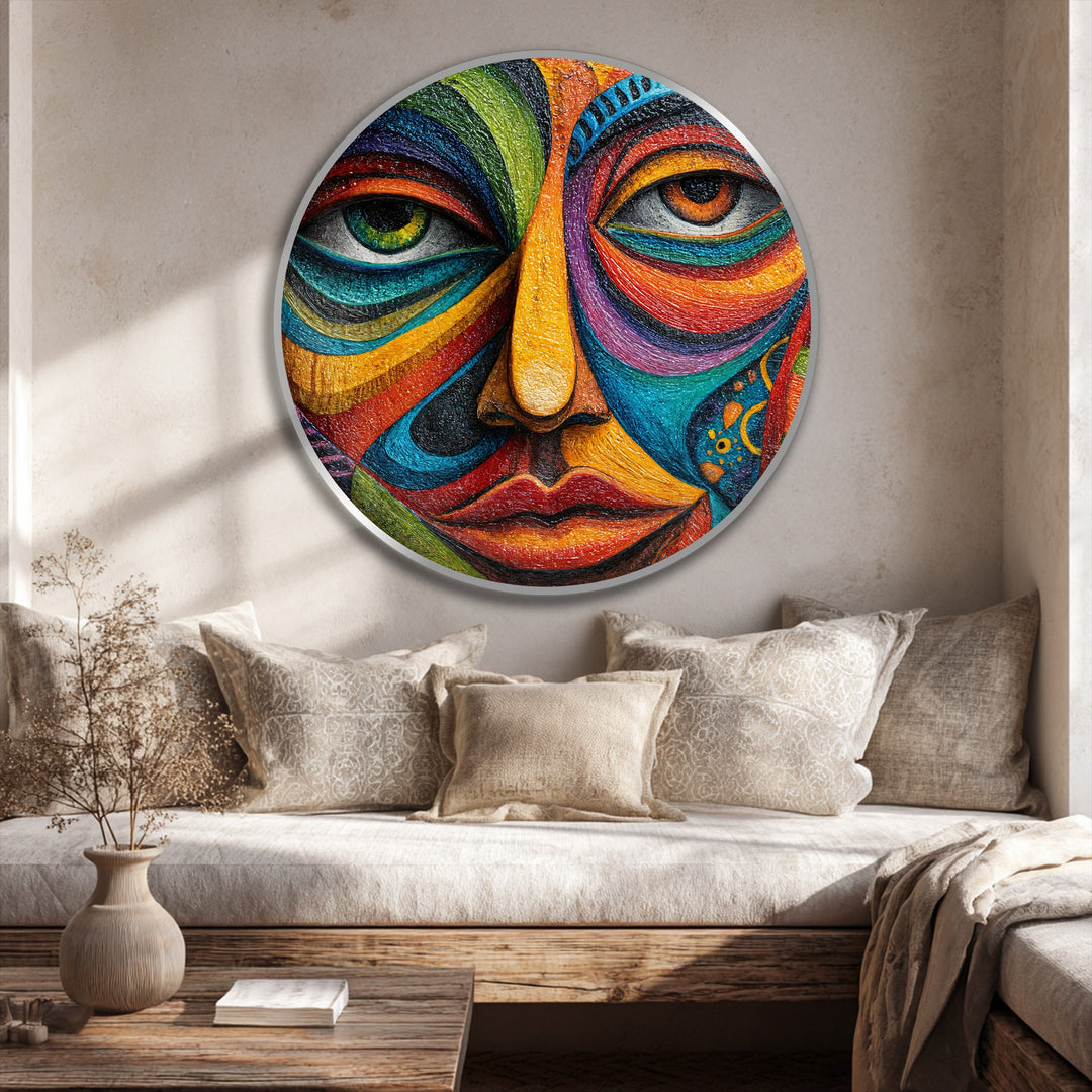 Horizontal, round oil painting depicts a vibrant mosaic face with colorful expressionist features, adding unique oil painting home decor to a room's design.