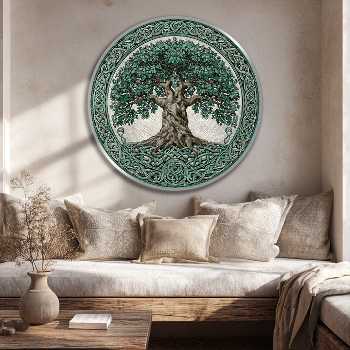 Circular is the shape of this horizontal modern oil painting art piece showcasing the Celtic Tree of Life with ornate knotwork.
