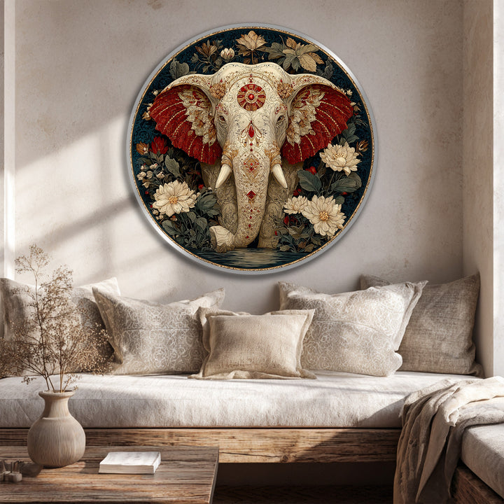 High-quality ornamental round oil painting on wood showcases a sacred elephant with crimson ears, exemplifying superb oil painting reproduction print craftsmanship.