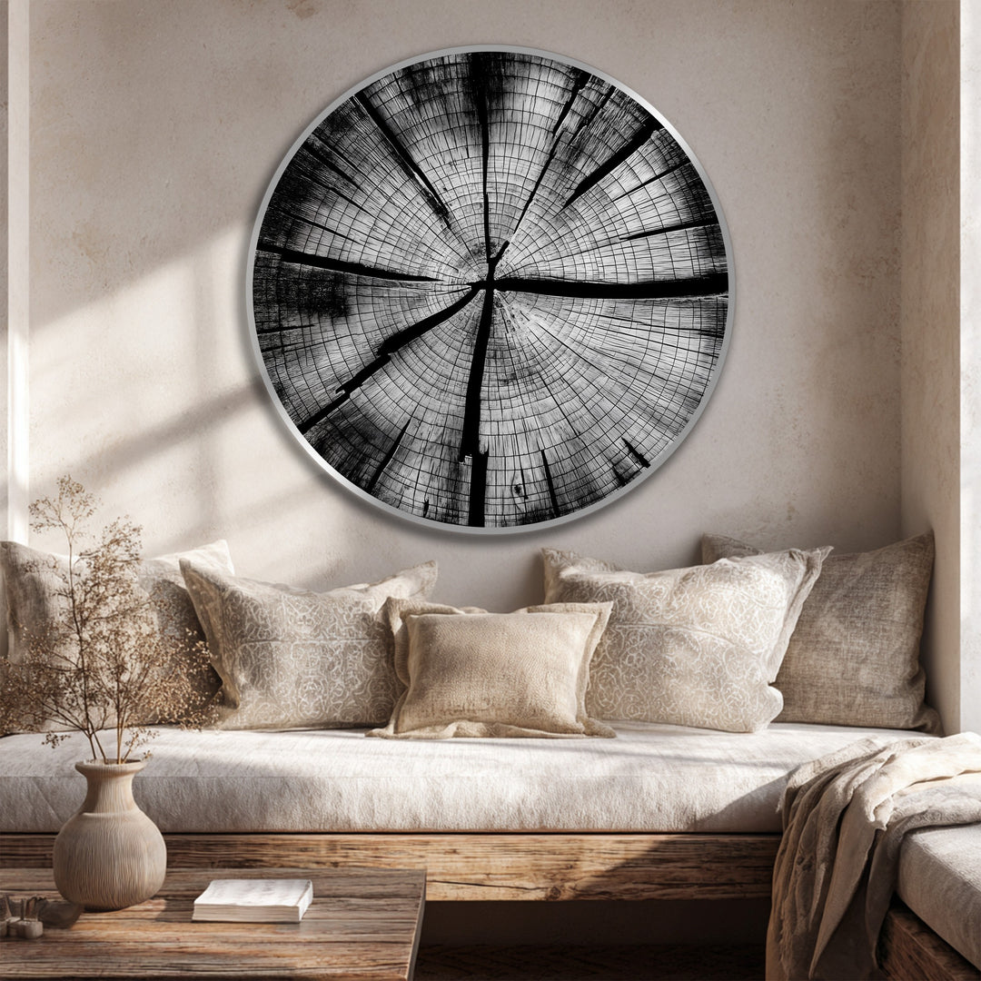 Monochrome Tree Rings – Modern Minimalist Round Oil Painting on Wood