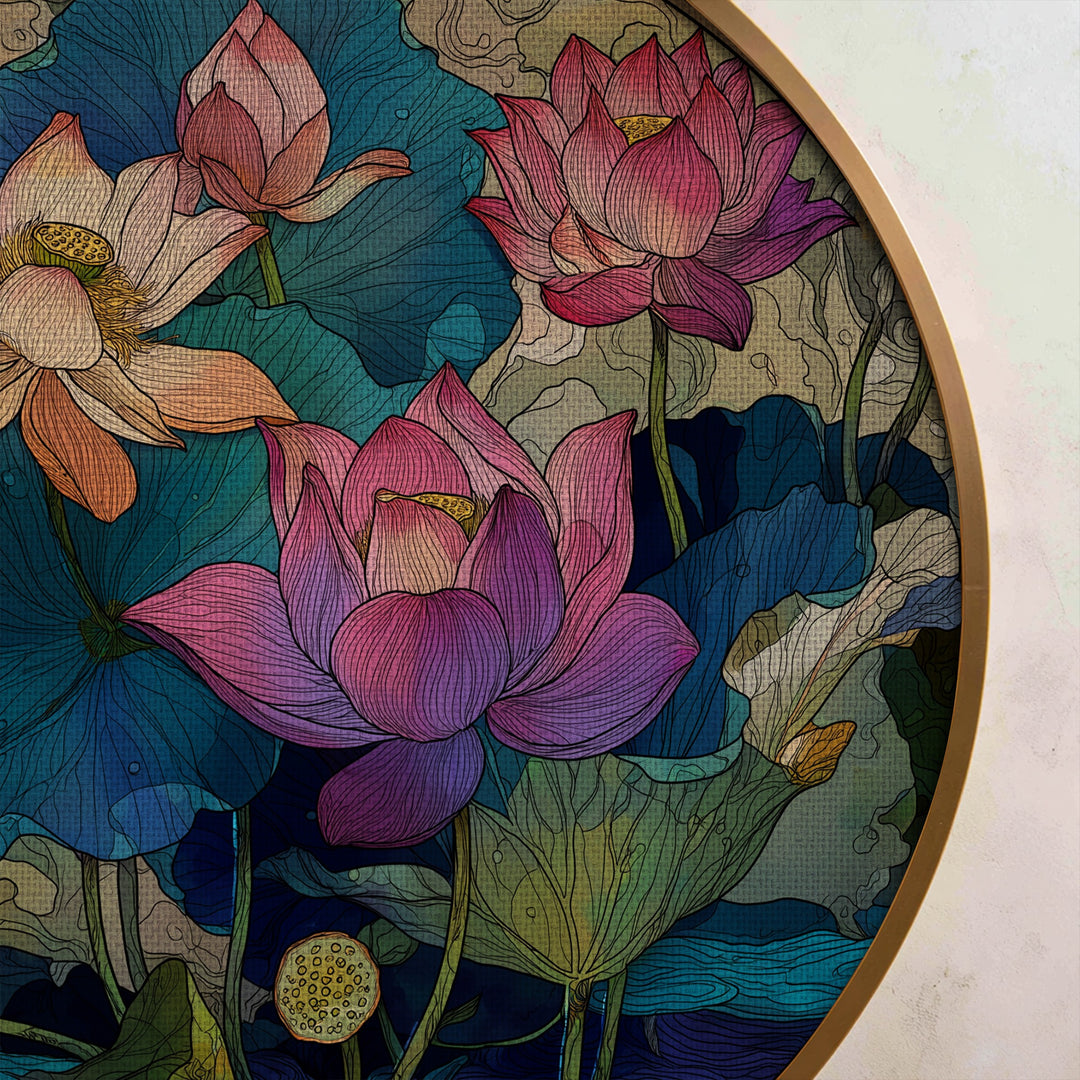Ornamental Lotus Garden Round Canvas Print – Decorative Floral Wall Art