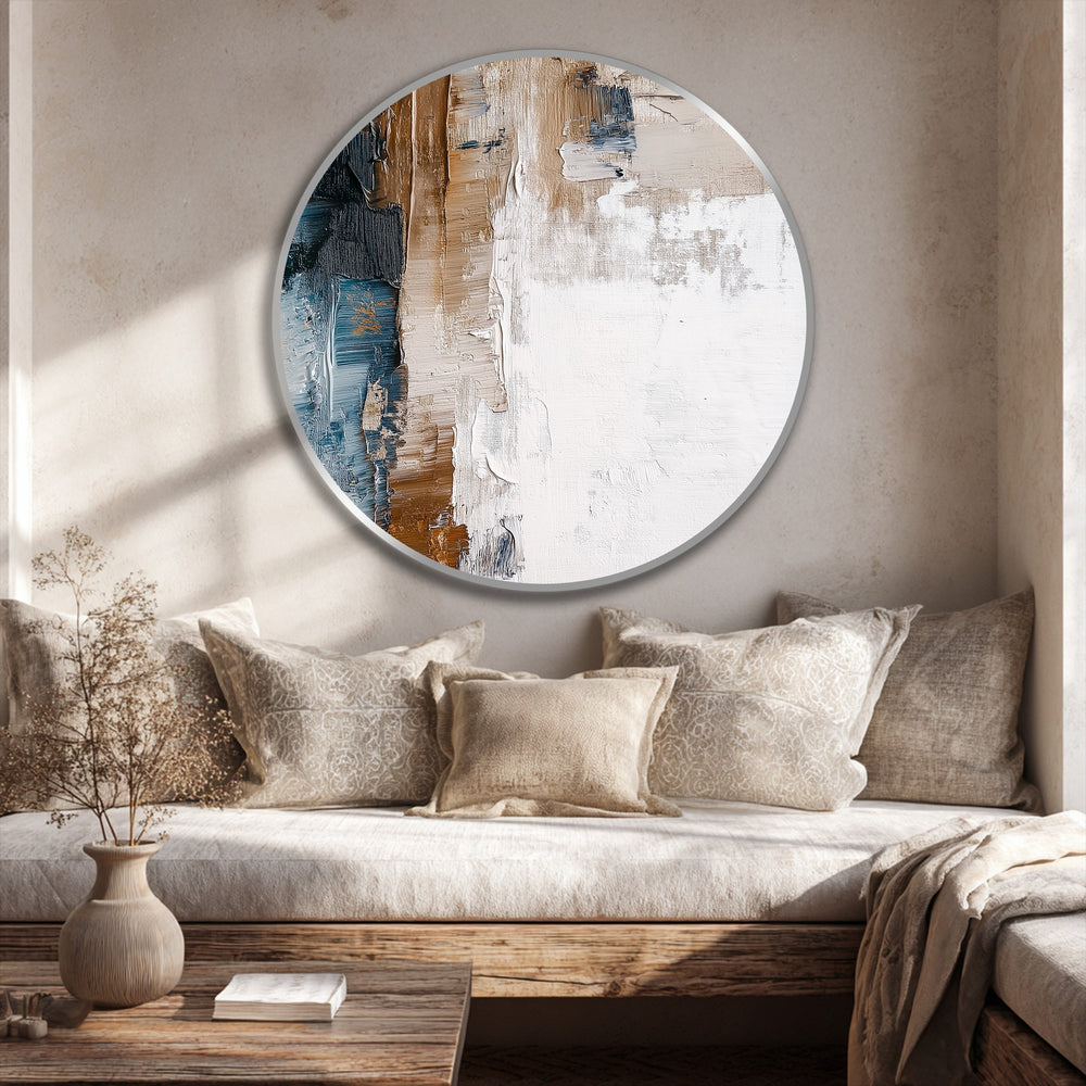 Matte finish enhances this textured abstract round earth and horizon oil painting art piece featuring modern brushstrokes in neutral browns, blues, and creamy whites.