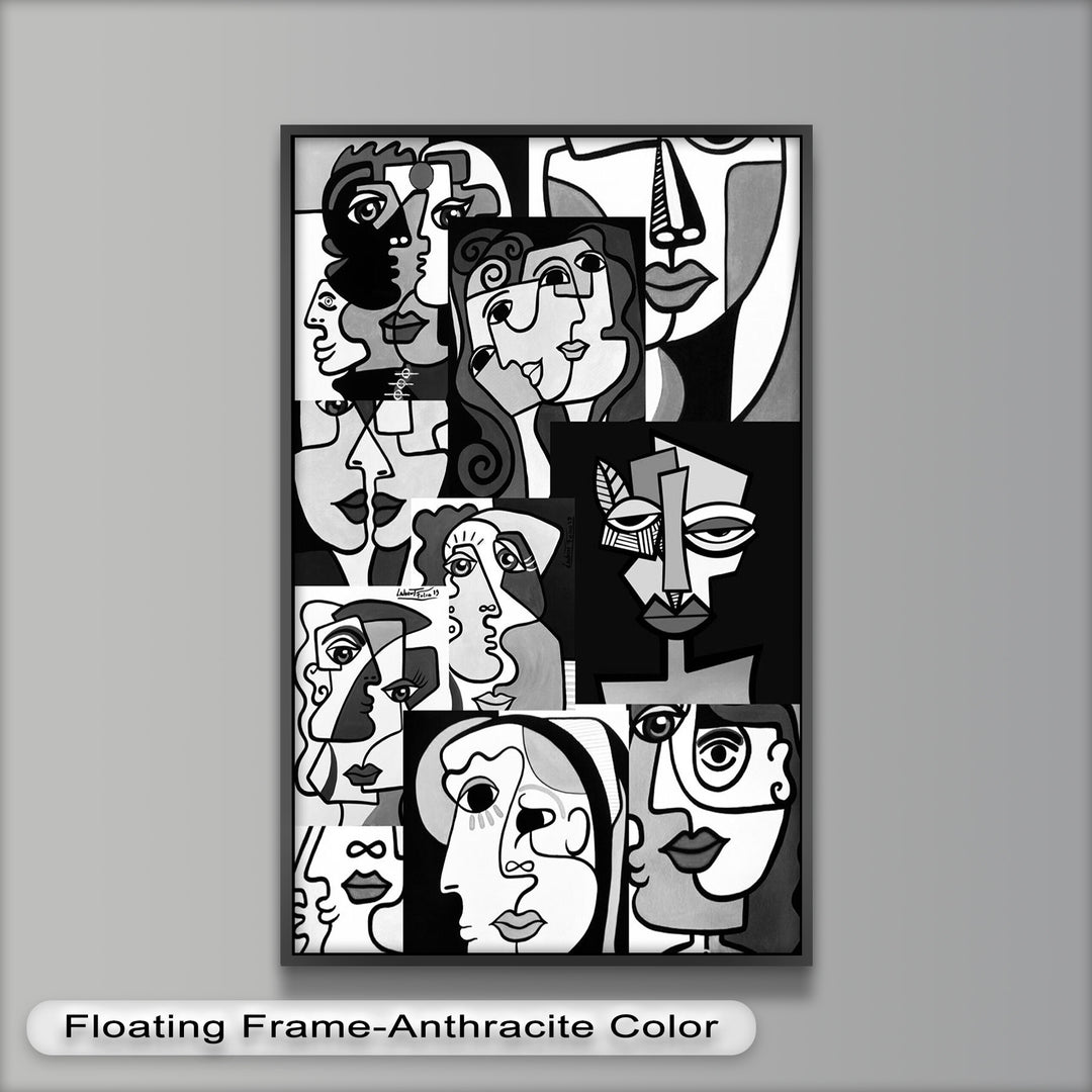 Monochrome Muse – Picasso-inspiriertes Ölgemälde mit kubistischen Gesichtern