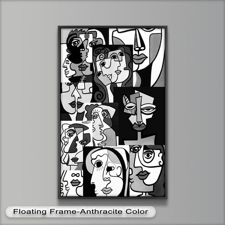 Monochrome Muse – Picasso-inspiriertes Ölgemälde mit kubistischen Gesichtern