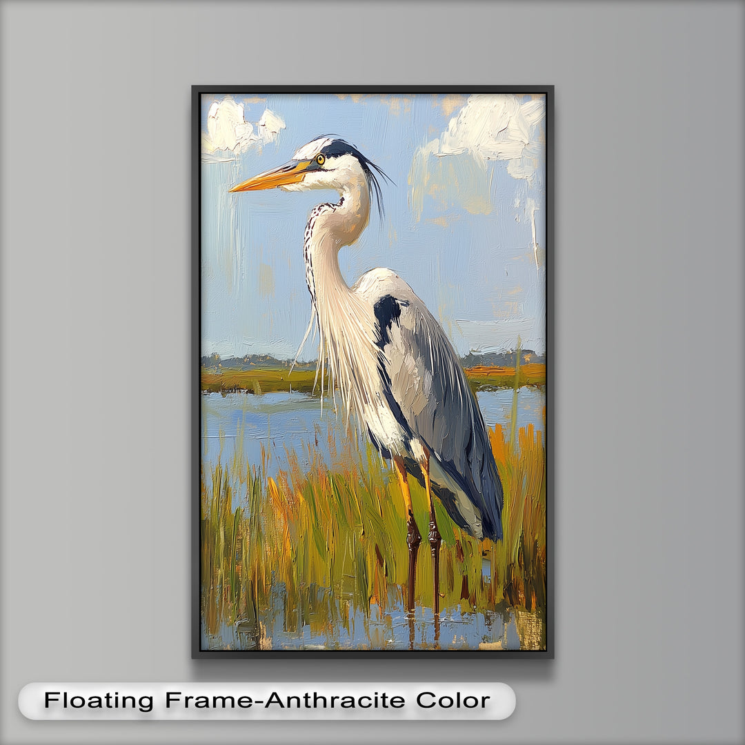 Heron in Sunlit Wetlands – Modern Oil Painting