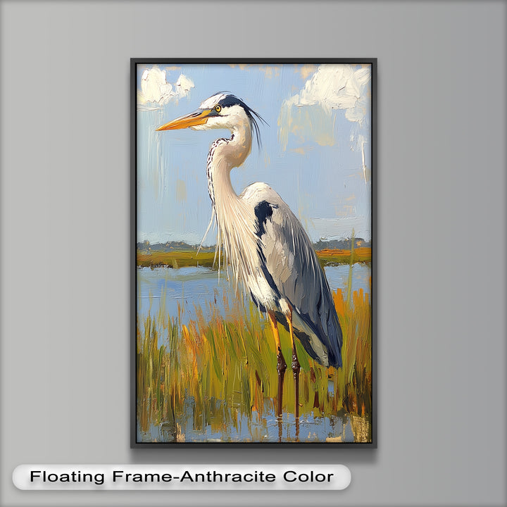 Heron in Sunlit Wetlands – Modern Oil Painting