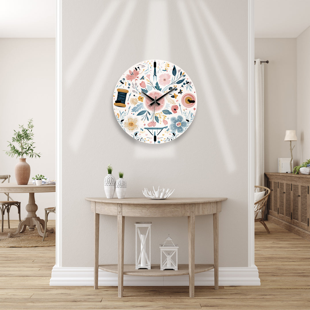 Floral Sewing Glass Wall Clock – Craft Room Decor