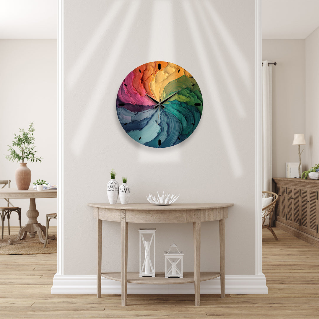 Colorful Abstract Glass Wall Clock – Rainbow Oil Painting Art