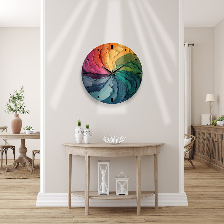 Colorful Abstract Glass Wall Clock – Rainbow Oil Painting Art
