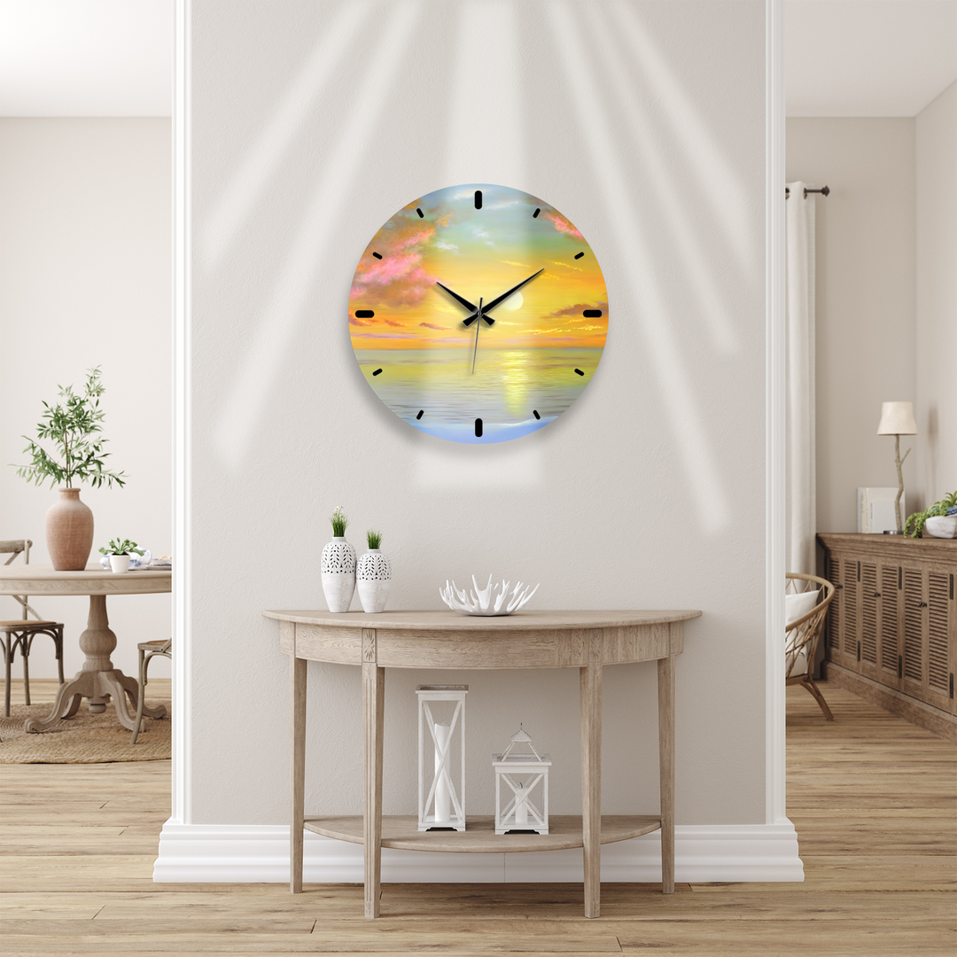 Ocean Sunset Glass Wall Clock – Golden Coastal Decor