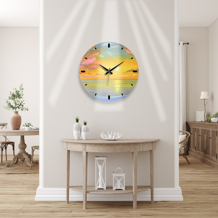 Ocean Sunset Glass Wall Clock – Golden Coastal Decor
