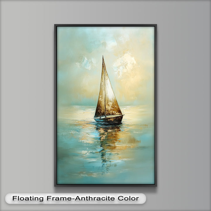 Golden Drift – Ruhiges Segelboot bei Sonnenaufgang, Boot-Ölgemälde
