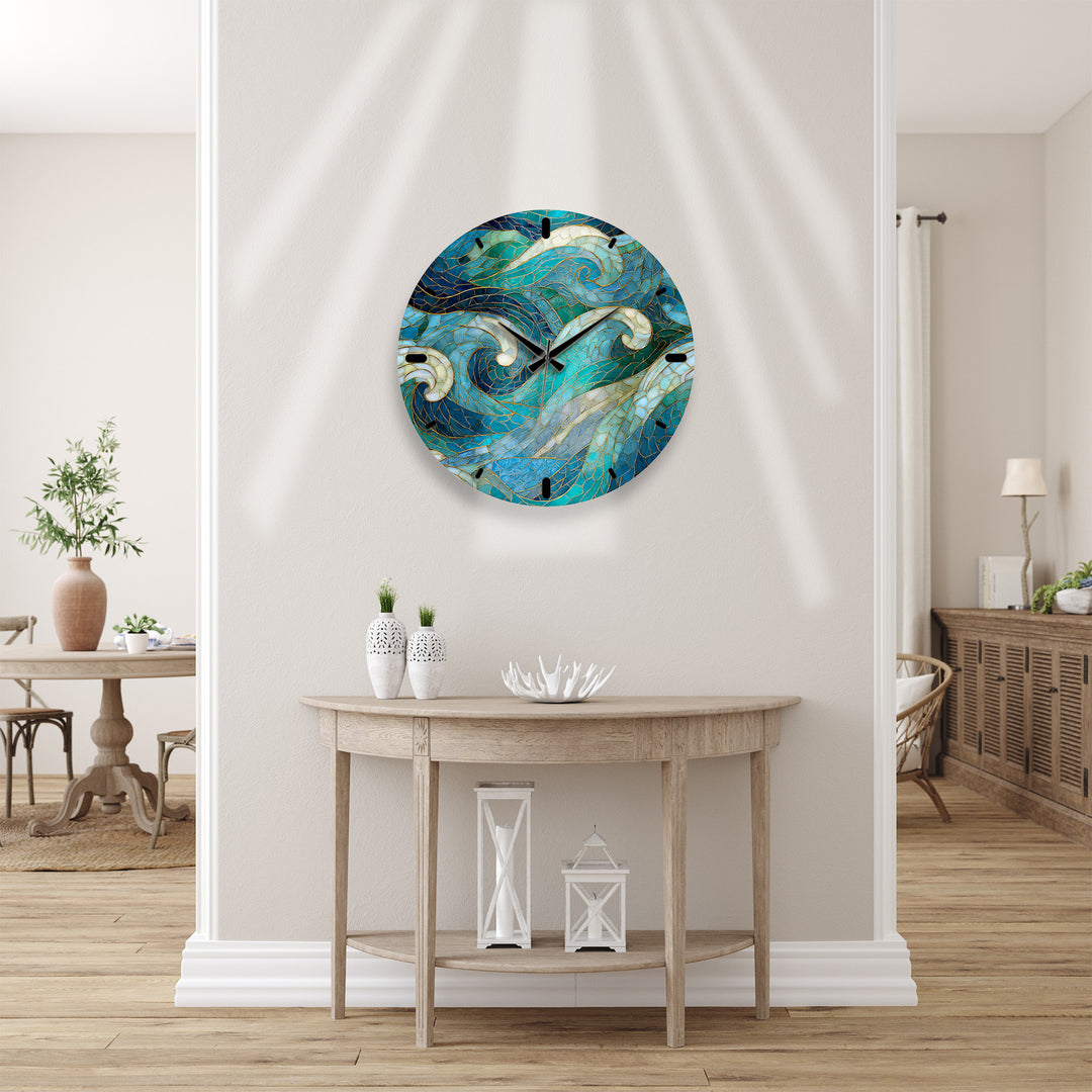 Blue Wave Glass Wall Clock – Abstract Stained Glass Style