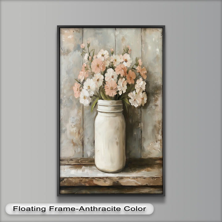 Blush & Cream Blooms – Rustic Mason Jar Flower Oil Painting