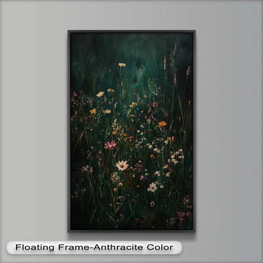 Floating frame-anthracite color accentuates the exquisite finish of this twilight wildflower oil painting art prints, reminiscent of the Hudson River landscapes.