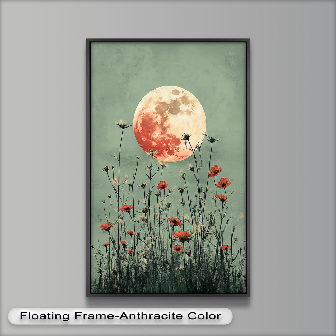 Celestial Wildflowers – Full Moon Over Red Meadow Blooms Oil Painting