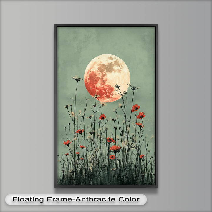Celestial Wildflowers – Full Moon Over Red Meadow Blooms Oil Painting