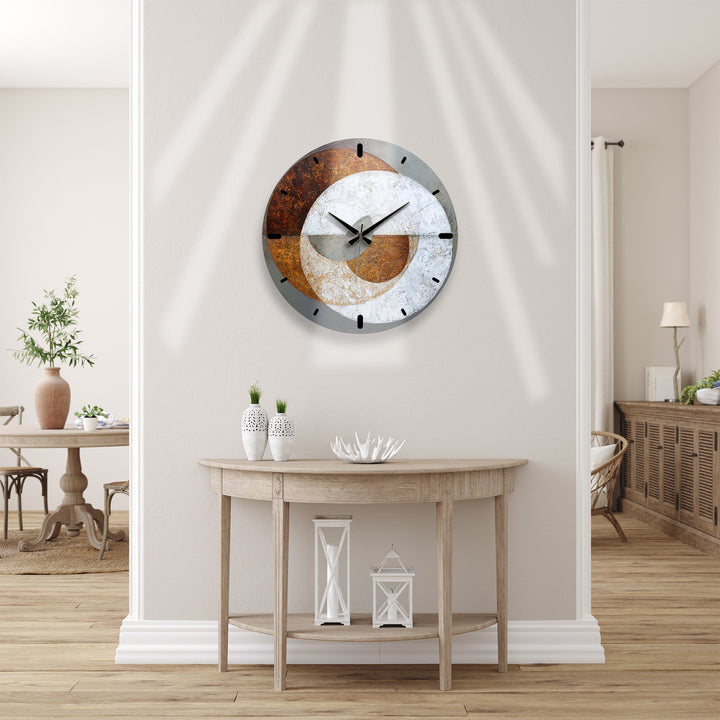 Rust and Gray Glass Wall Clock – Industrial Abstract Circle Art
