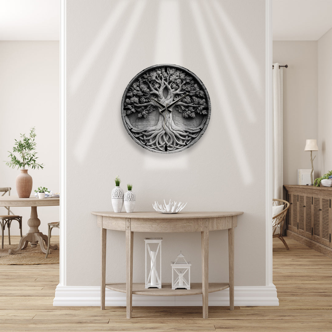Black and White Tree of Life Glass Wall Clock – Celtic Style Art