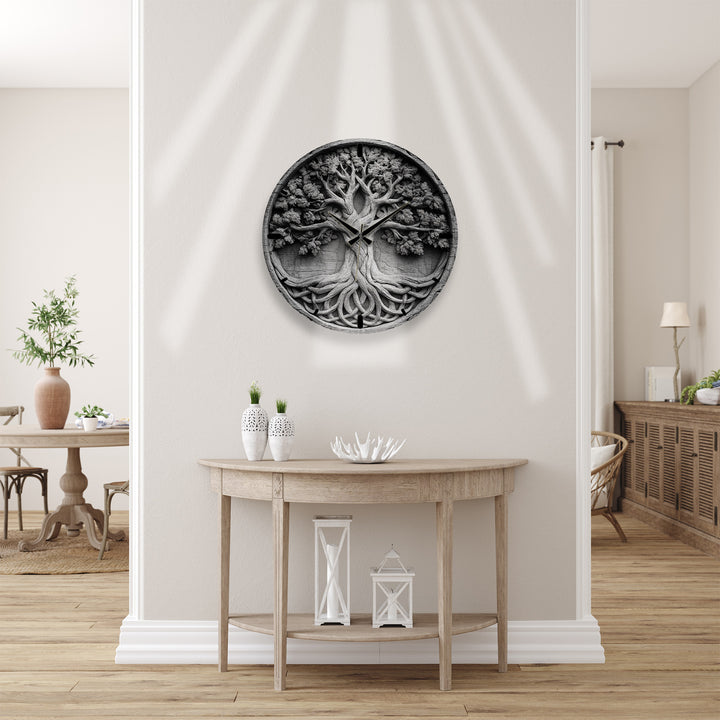 Black and White Tree of Life Glass Wall Clock – Celtic Style Art