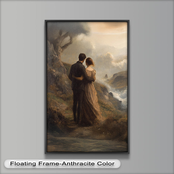 Embrace on the Cliffside – Oil Painting of Lovers in Nature