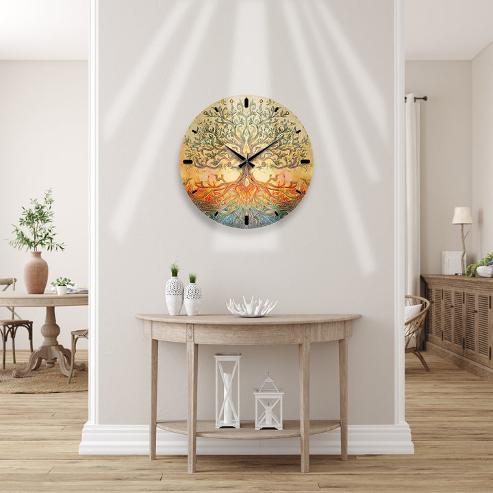 Golden Tree of Life Glass Wall Clock – Boho Botanical Decor