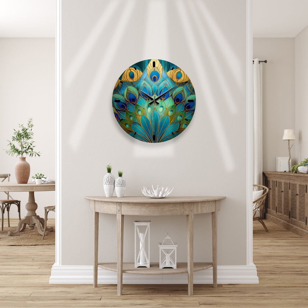Peacock Feather Glass Wall Clock – Blue Art Nouveau Decor