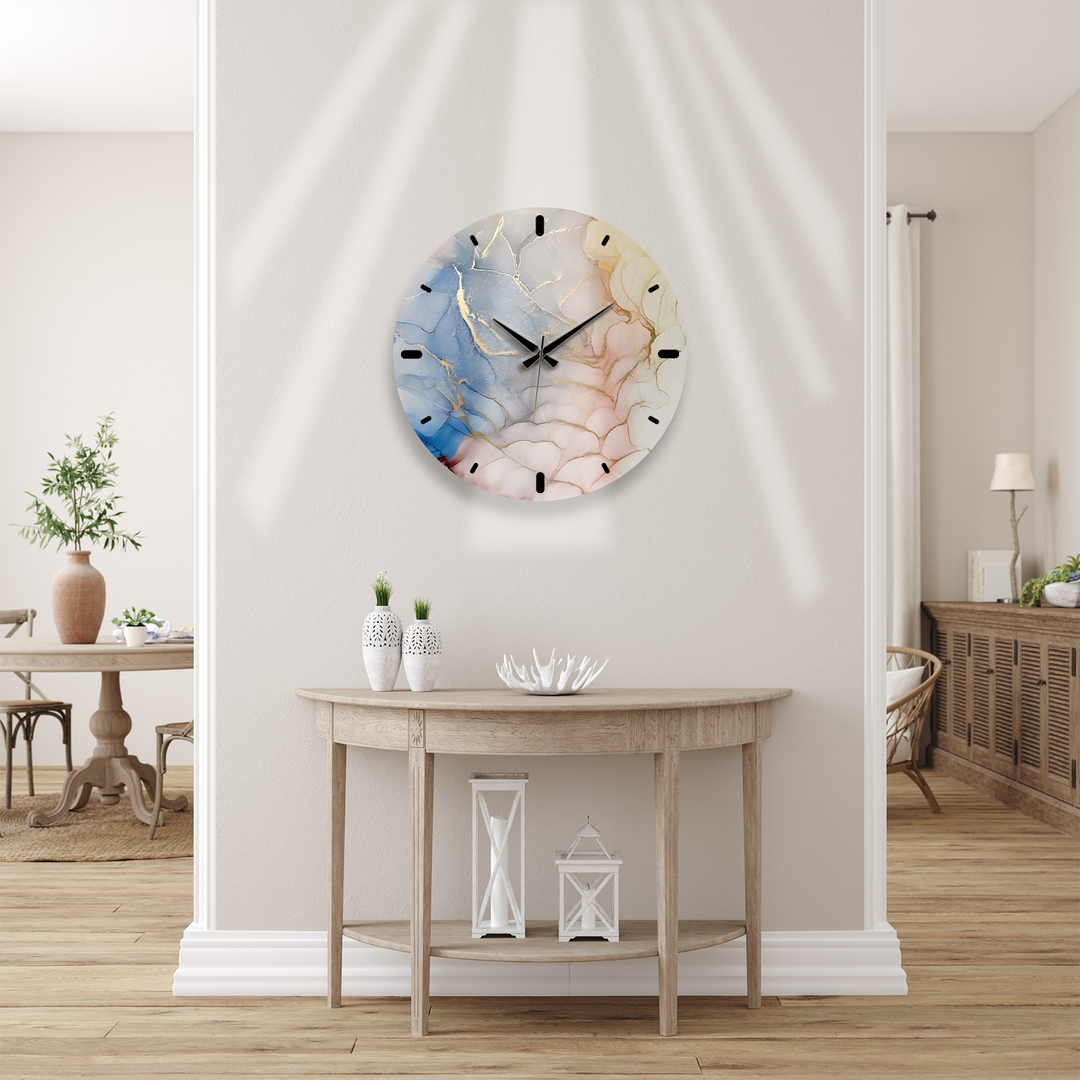 Pastellrosa und blaue Marmorglas-Wanduhr