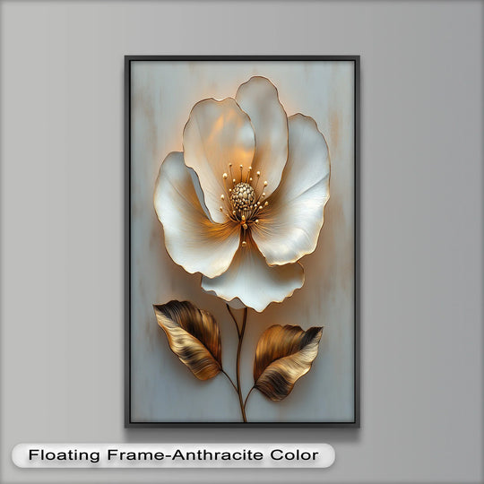 Depth and layers define this modern oil painting art, showcasing a glowing bloom with white petals and gold accents for luxurious home decor.