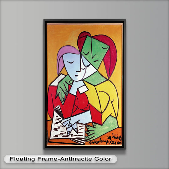 Textured impasto strokes define this modern oil painting art of 'Harmony in Study – Embrace of Minds', echoing Picasso's cubist style with its bold and layered forms.