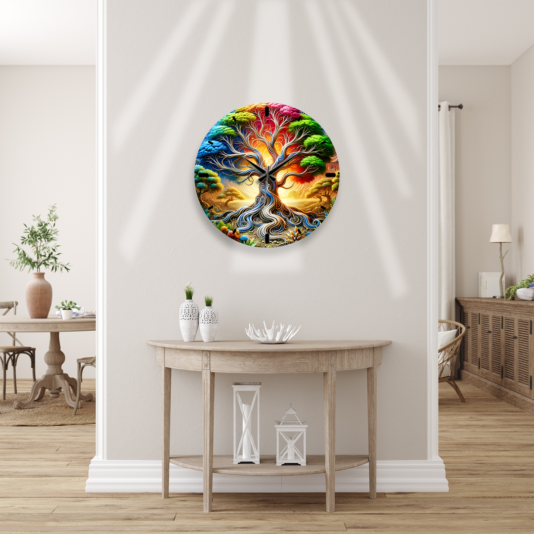 Colorful Tree of Life Glass Wall Clock – Fantasy Nature Decor