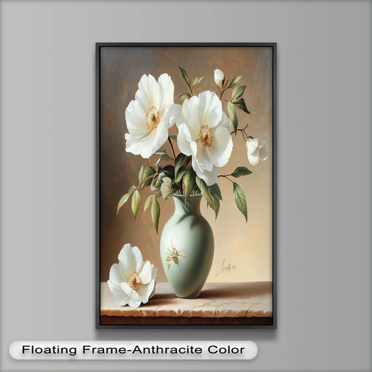 Layering is seen in this modern oil painting art depicting a classic floral arrangement, showcasing white peony flowers and green leaves in a vintage celadon vase.
