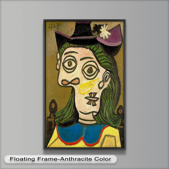 Bold color contrast defines this Picasso-style oil painting artwork, highlighting the abstract female portrait with a whimsical hat and flower detail.