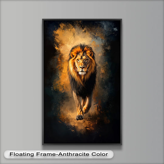 Geometric shapes blend in this fierce lion abstract backdrop oil painting wall art, framed with strong rectangular lines, creating depth and dynamism.