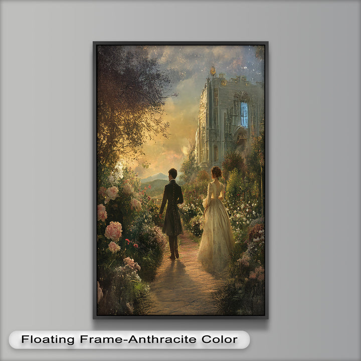 Victorian Lovers at Twilight – Romantic Garden Walk Oil Painting