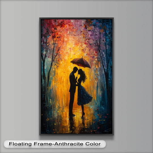 Reflecting ground details in this vibrant oil painting art catch the light between the couple's silhouettes under an autumn-glow umbrella.