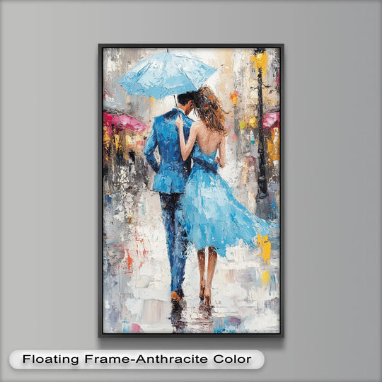 Heavily textured brushstrokes define the surface texture of this romantic love oil painting reproduction print, showcasing a couple strolling in the rain under a blue umbrella.