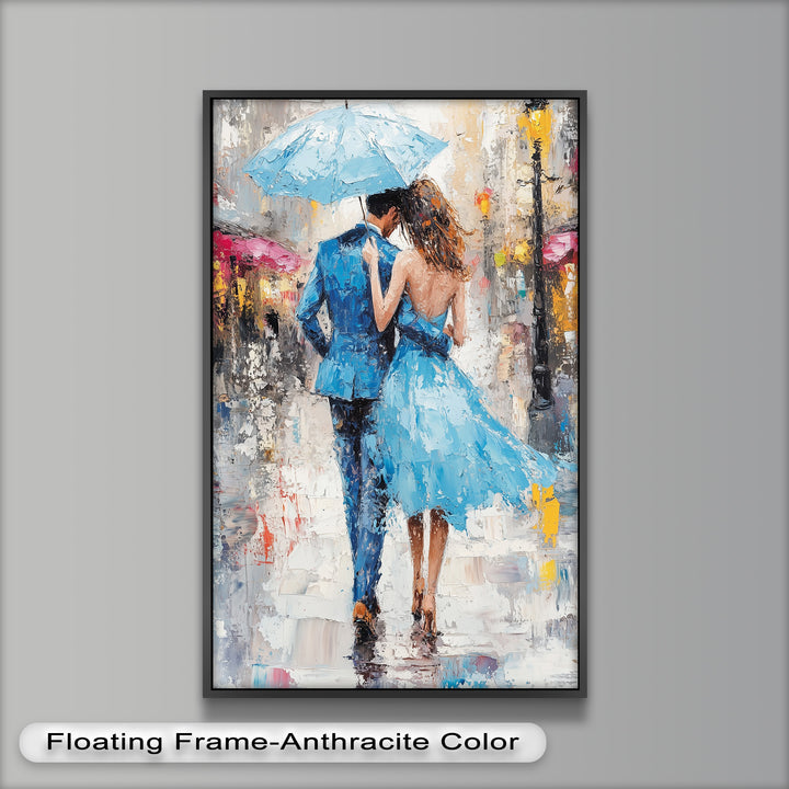 Romantic Couple Strolling in Rain - Love Oil Painting