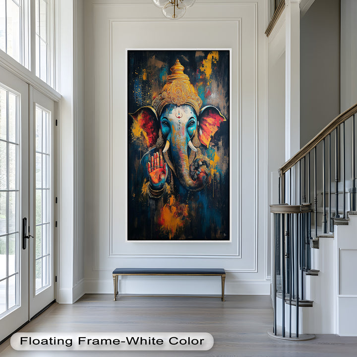 An energetic and spiritual representation of Ganesha with glowing ears, a blessing mudra, and intricate golden headgear.