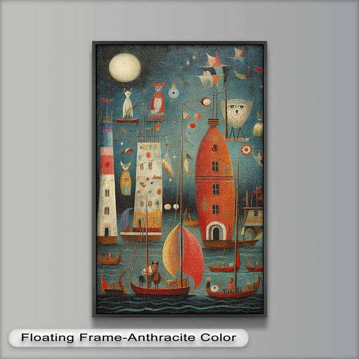 Moonlit Harbor Parade – Surreal Cat and Owl Fantasy Oil Painting
