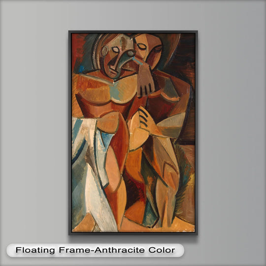 Exploring the layering effect, this abstract oil painting wall art presents two figures embracing, showcasing earth tones and cubist forms in a style reminiscent of Picasso.