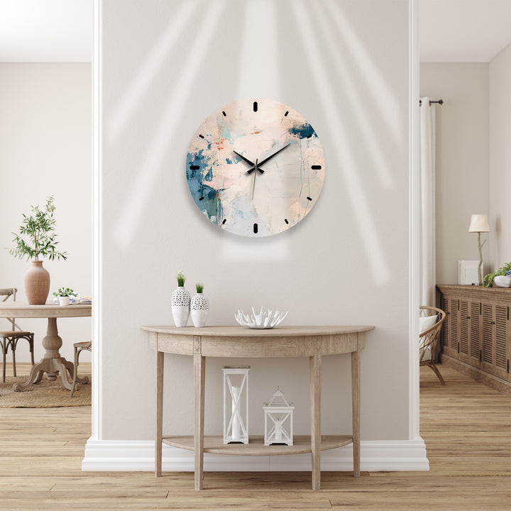 Neutral Abstract Glass Wall Clock – Beige and Blue Modern Decor