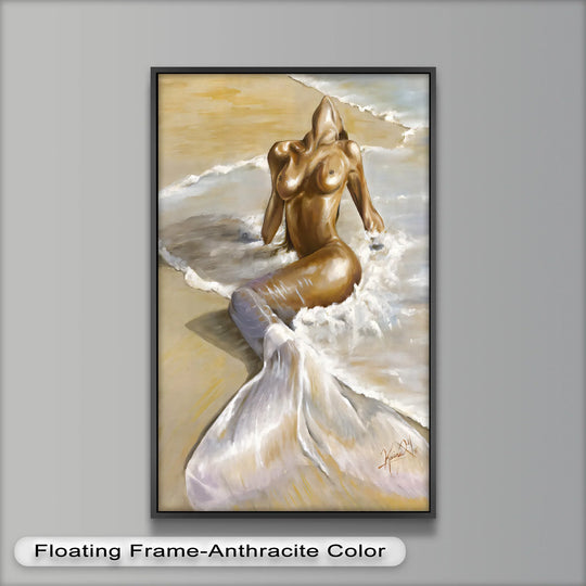 Undulating waves and the figure's flowing lines create a visual rhythm within this sensual mermaid oil painting reproduction print, enhanced by a golden tide.