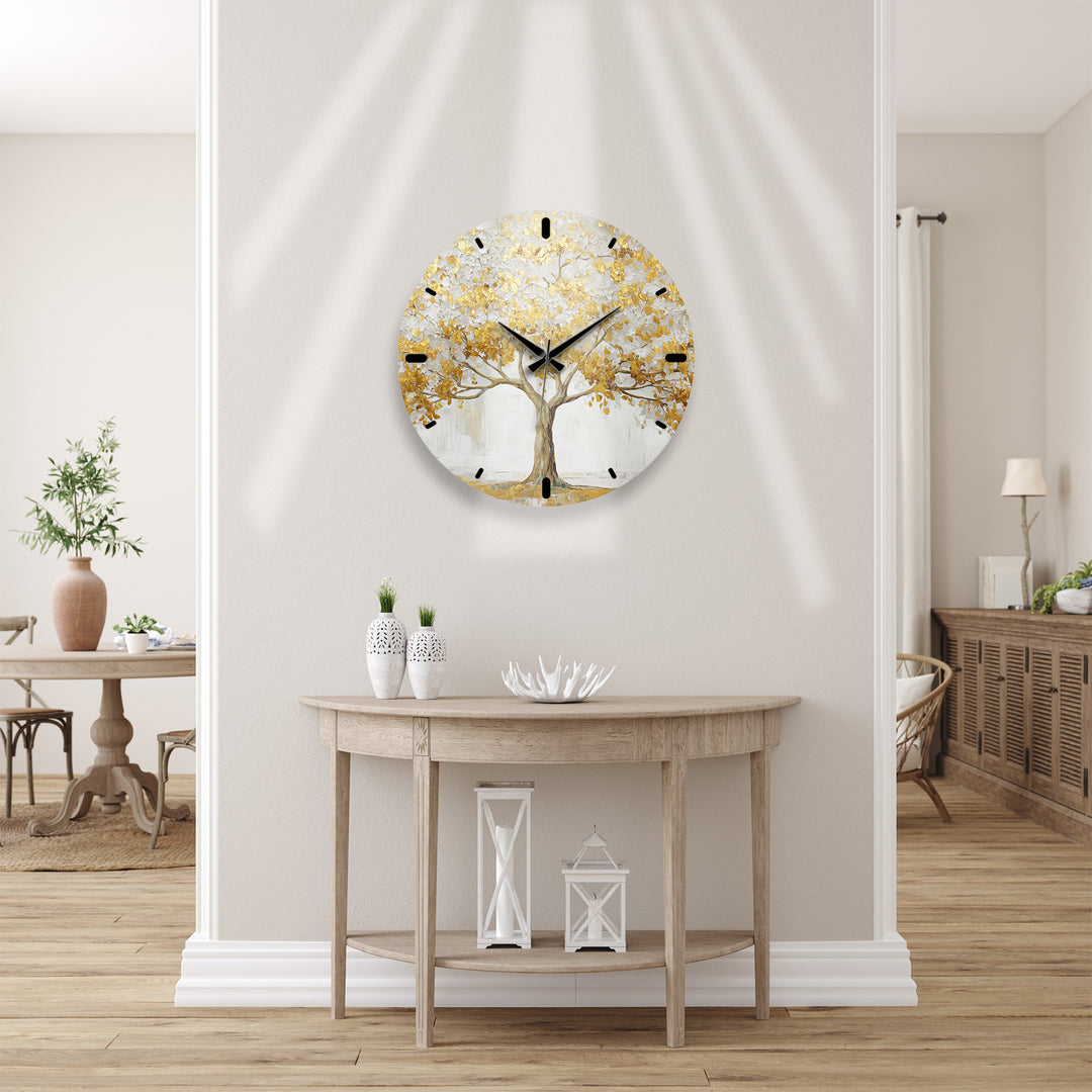 Gold Tree of Life Glass Wall Clock – White and Gold Modern Decor
